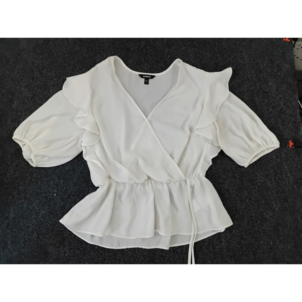 Express White Faux Wrap Ruffle Puff Sleeve Peplum Top